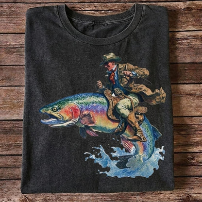 Cowboy Riding Rainbow Trout Fishing T-Shirt