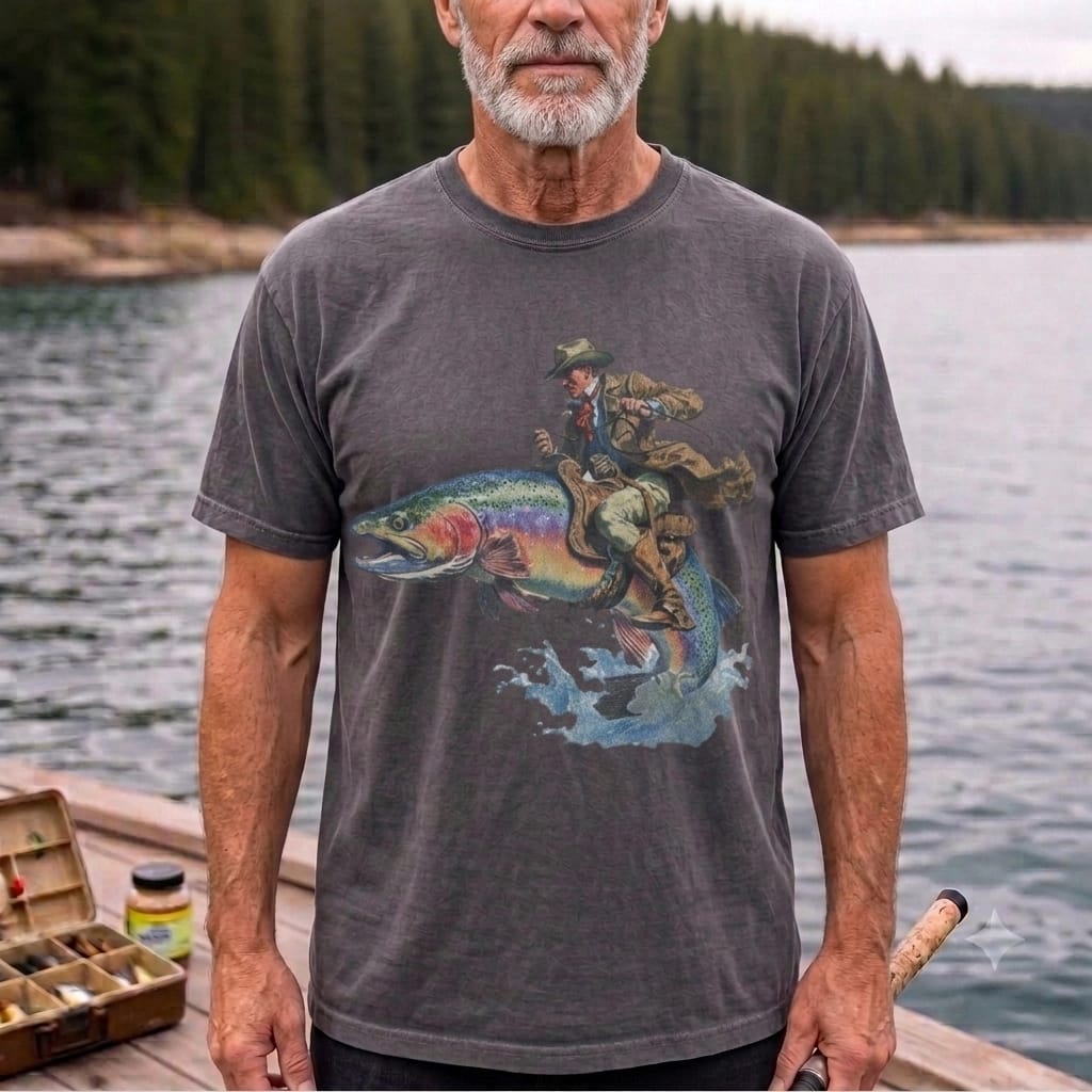 Cowboy Riding Rainbow Trout Fishing T-Shirt