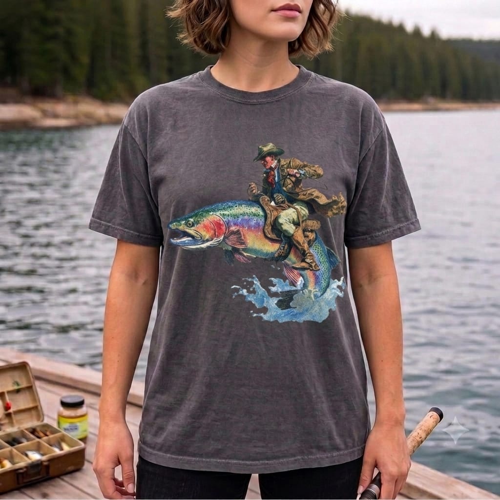 Cowboy Riding Rainbow Trout Fishing T-Shirt