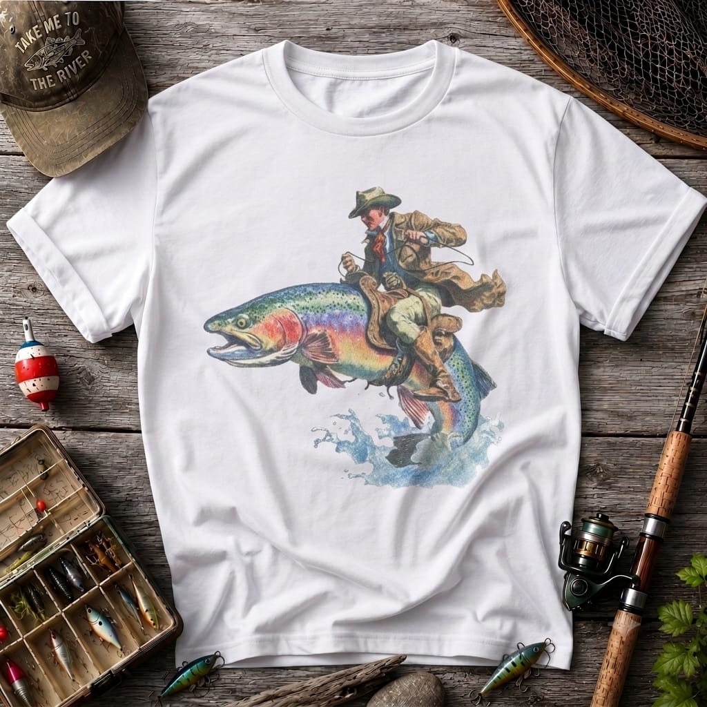 Cowboy Riding Rainbow Trout Fishing T-Shirt