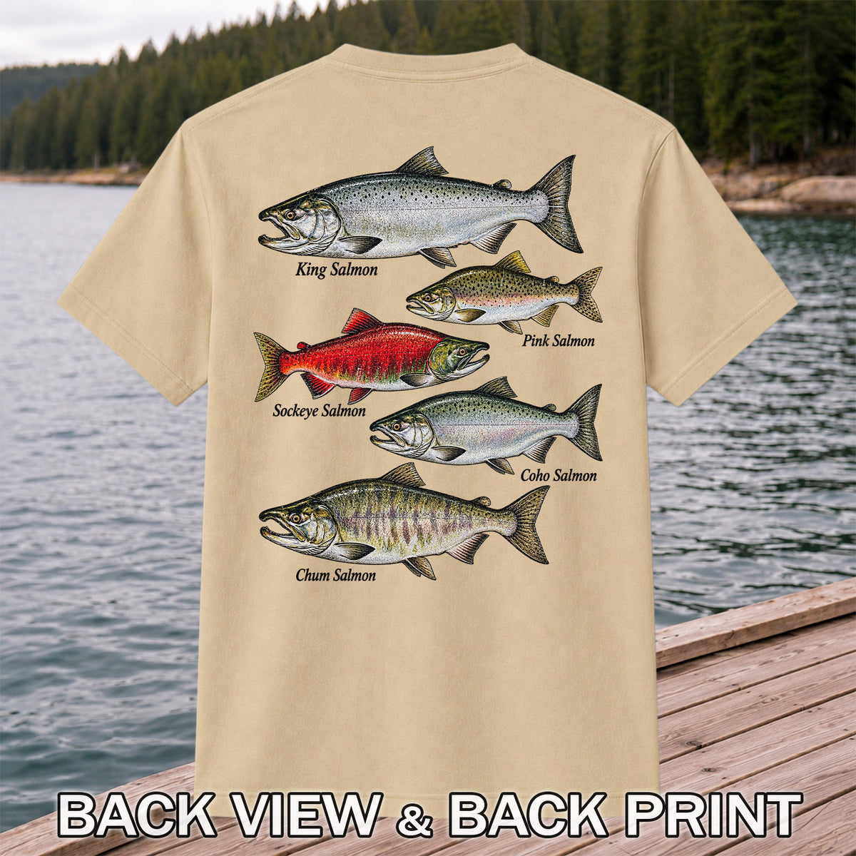 King Pink Sockeye Coho and Chum Salmon Fishing Graphic T-Shirt | Back Print