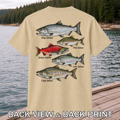 King Pink Sockeye Coho and Chum Salmon Fishing Graphic T-Shirt | Back Print