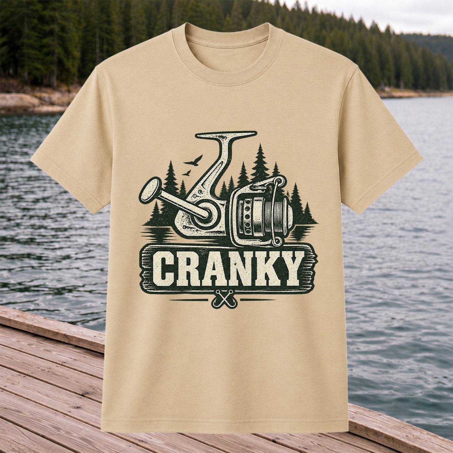 Cranky Vintage Spinning Reel Fishing Graphic T-Shirt