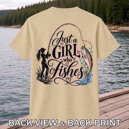 Just a Girl Who Fishes Rainbow Trout and Female Angler Fishing T-Shirt | Back Print