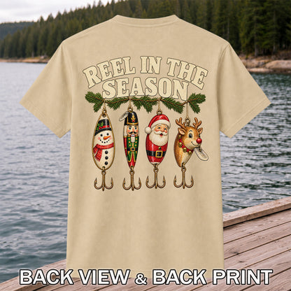 Reel in the Season Christmas Fishing Lures Graphic T-Shirt | Back Print