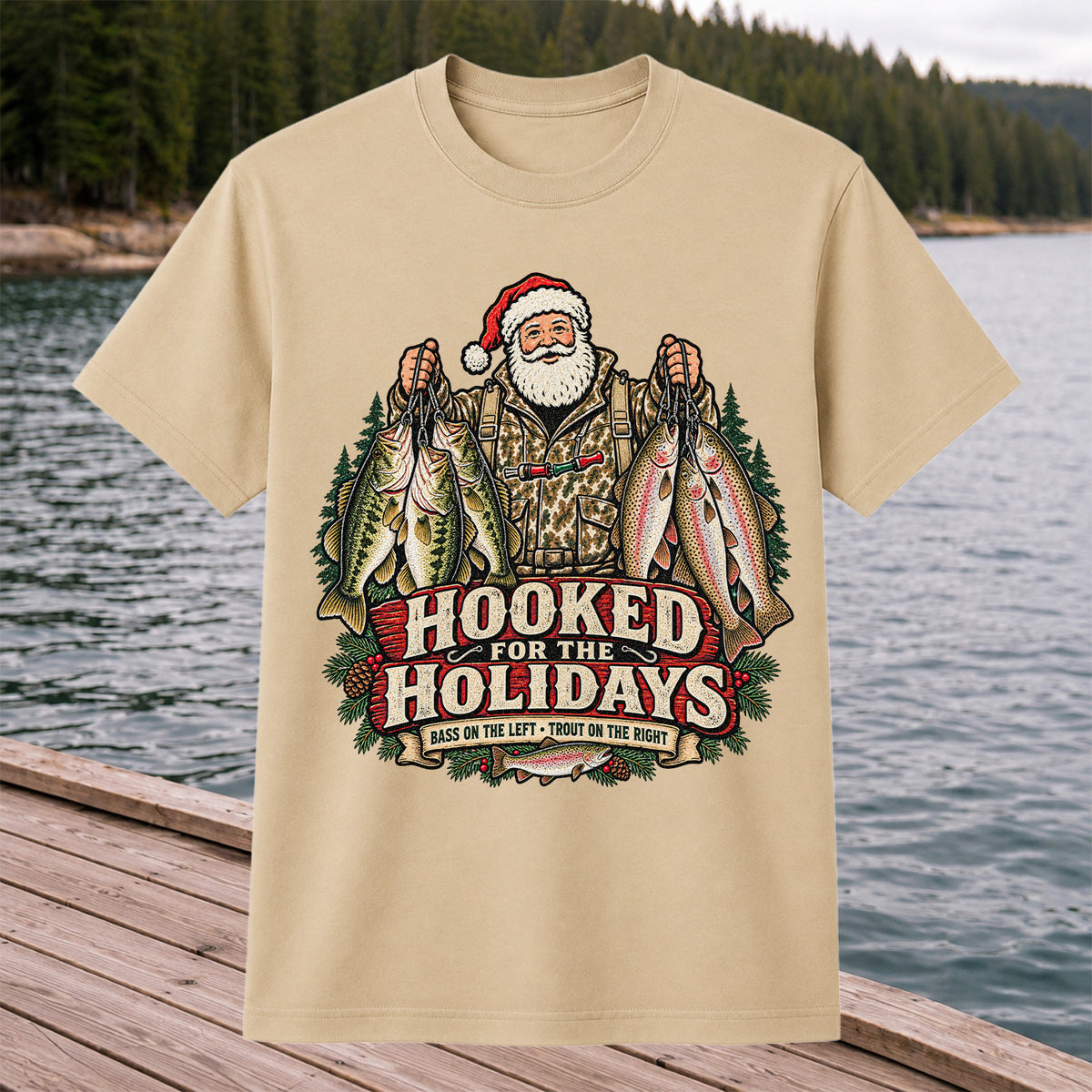 Hooked for the Holidays Bass on the Left Trout on the Right Santa Christmas Fishing T-Shirt