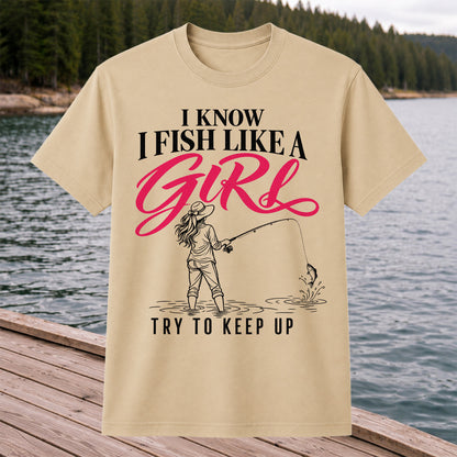 Funny Woman Fishing Graphic T-Shirt with Line Art Design