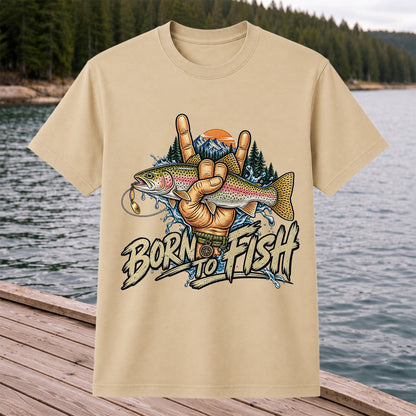 Born to Fish Rainbow Trout Rock Hand Sign Fishing T-Shirt