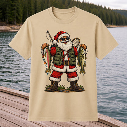 Santa Holding Rainbow Trout and Bass Christmas Fishing Graphic T-Shirt