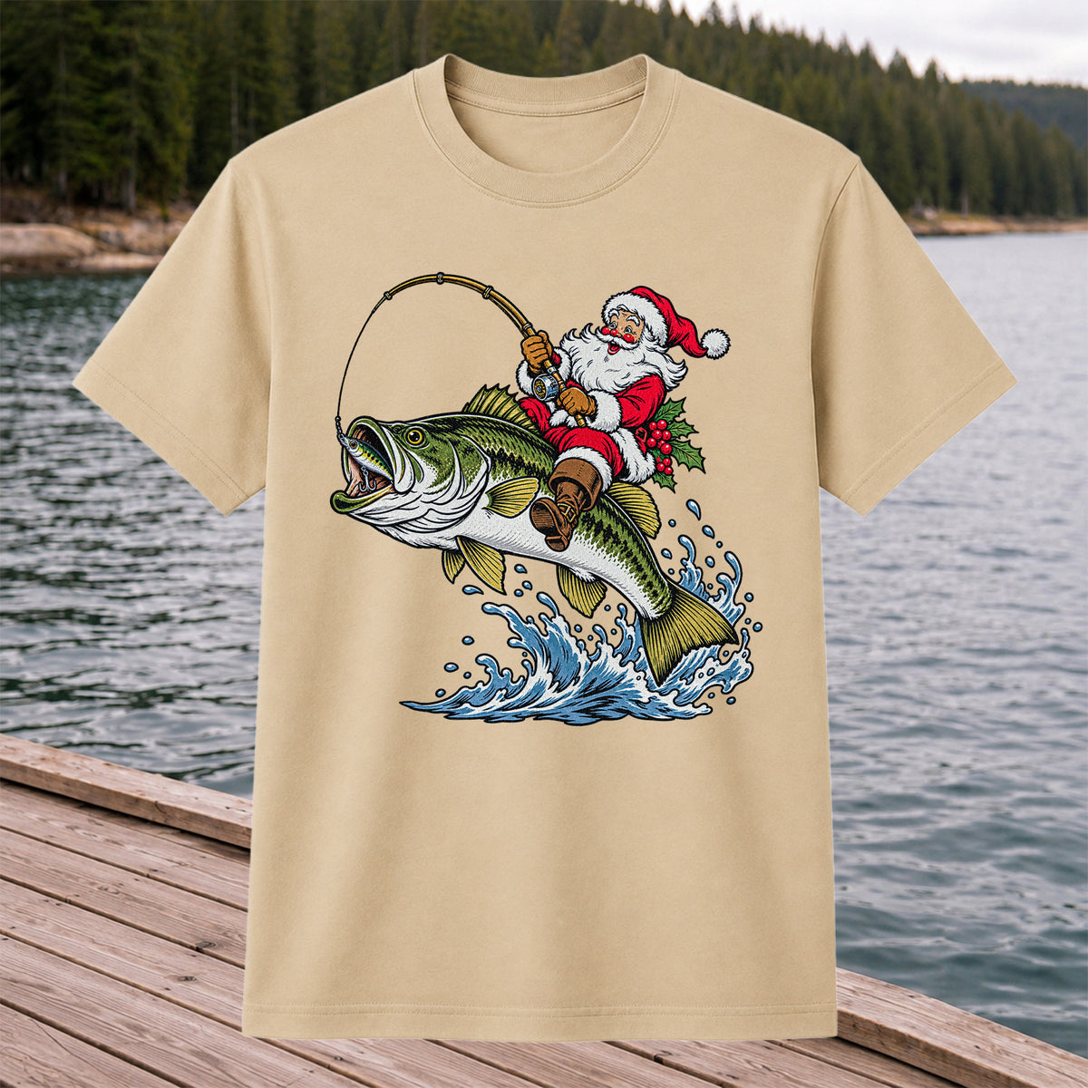Santa Claus Riding a Bass Christmas Fishing Graphic T-Shirt