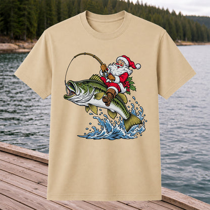 Santa Claus Riding a Bass Christmas Fishing Graphic T-Shirt