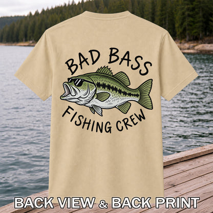 Bad Bass Fishing Crew Funny Graphic T-Shirt | Back Print
