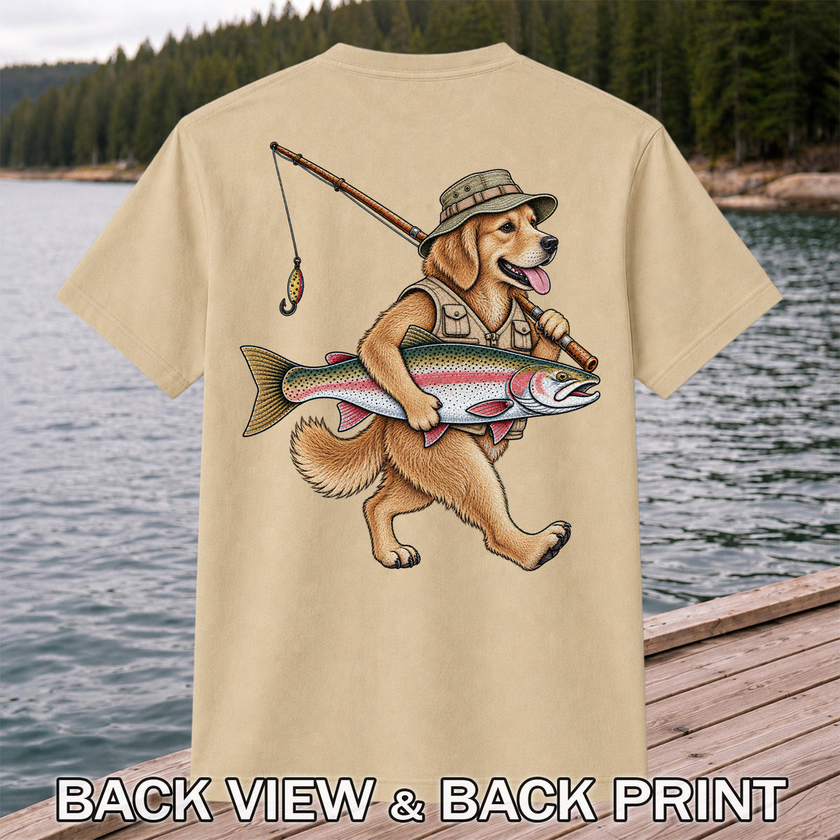 Golden Retriever Holding Rainbow Trout Fishing Graphic T-Shirt | Back Print