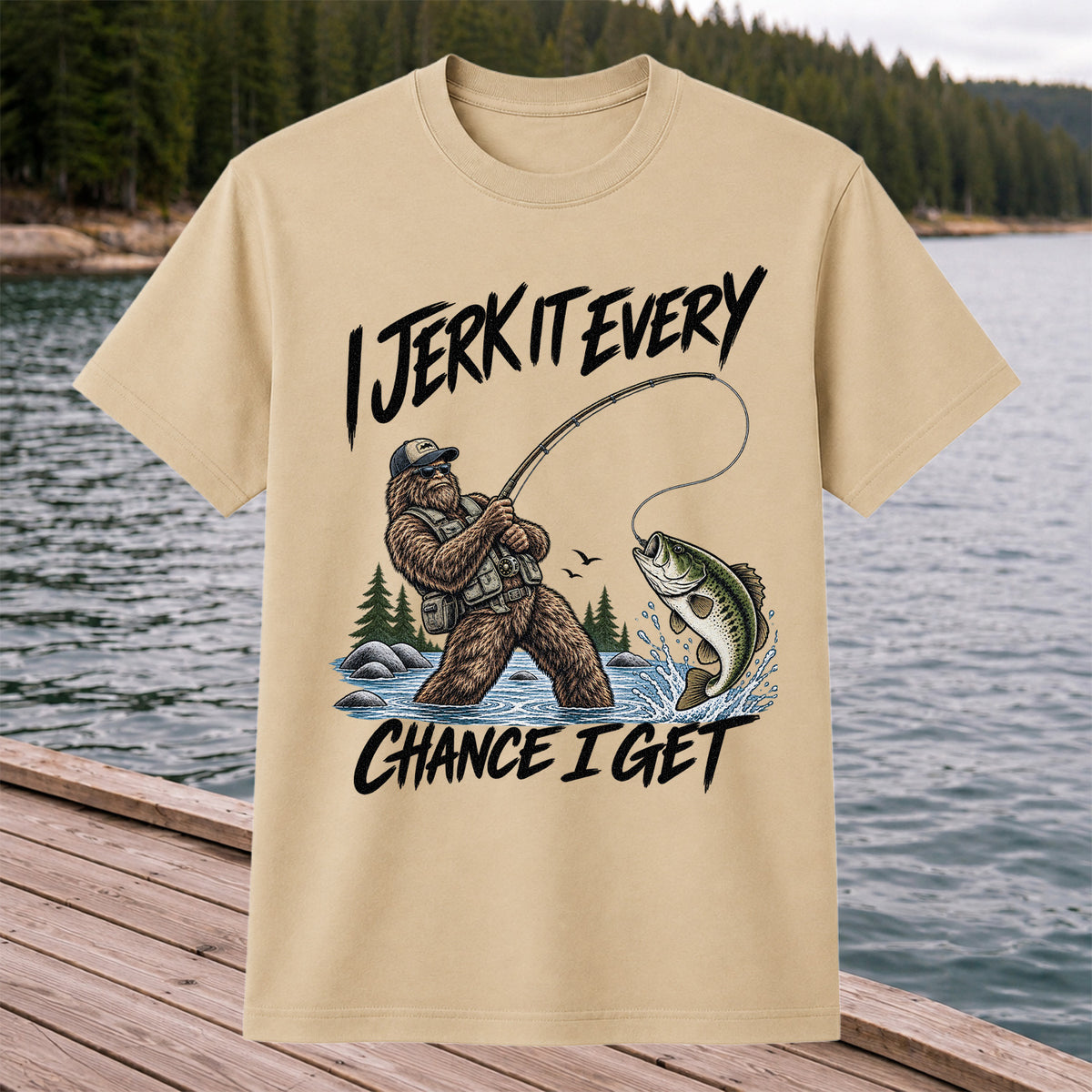 Jerk It Every Chance I Get Bigfoot Fishing Graphic T-Shirt