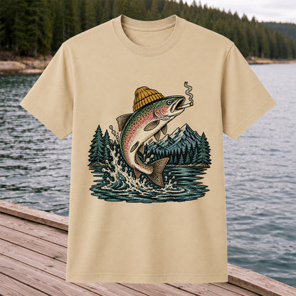 Rainbow Trout in Beanie Smoking and Jumping from Lake Graphic T-Shirt