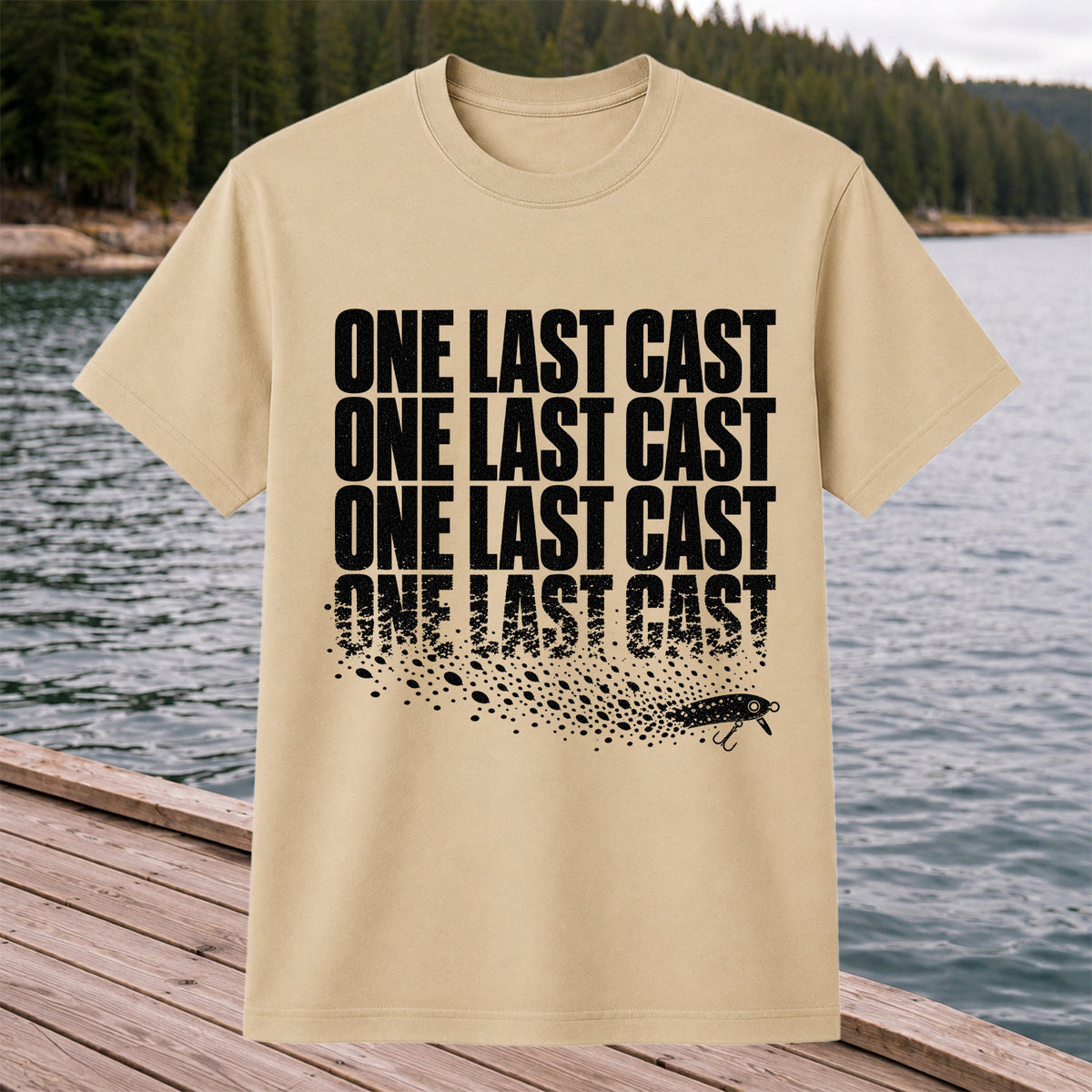One Last Cast Repeating Fishing Lure Graphic T-Shirt