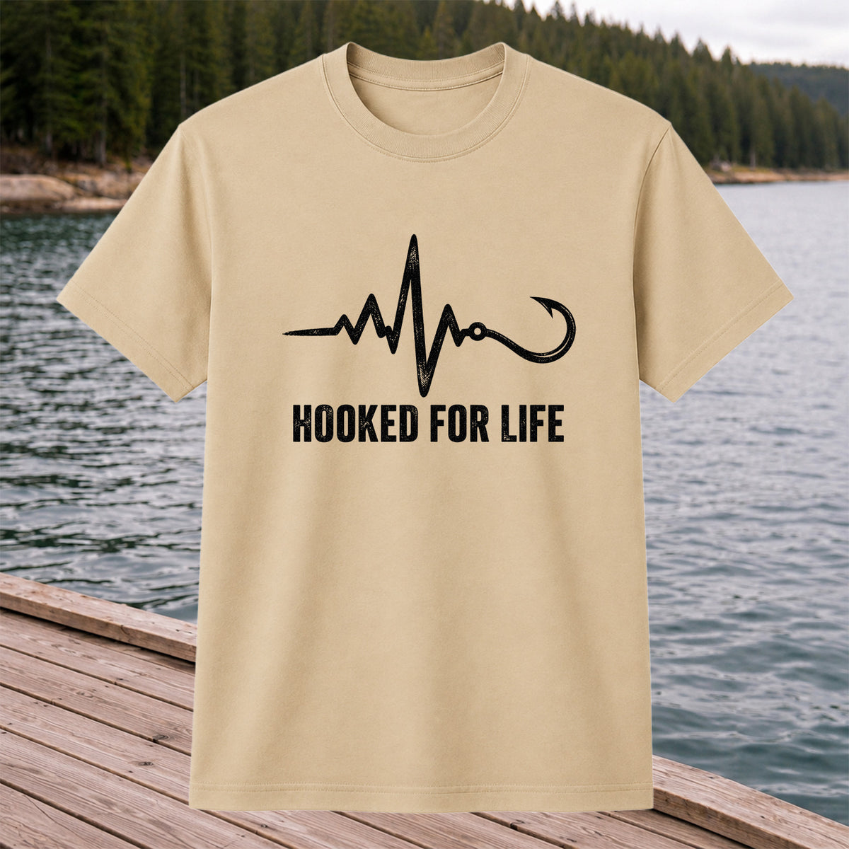 Hooked for Life Fishing Hook Heartbeat Graphic T-Shirt