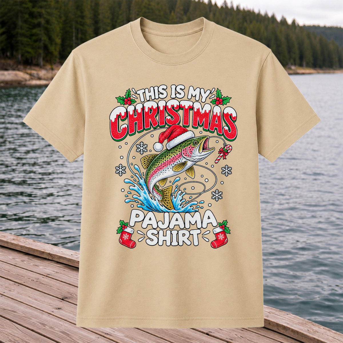This Is My Christmas Pajama Shirt Rainbow Trout Fishing T-Shirt