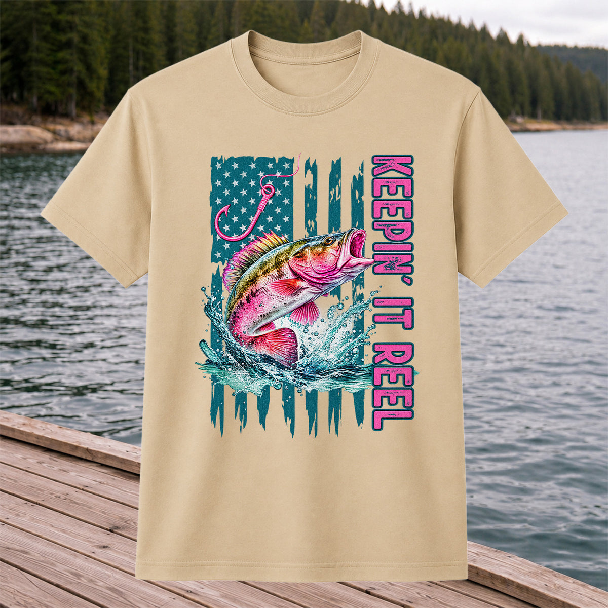 Keepin' It Reel Bass Fishing American Flag Graphic T-Shirt