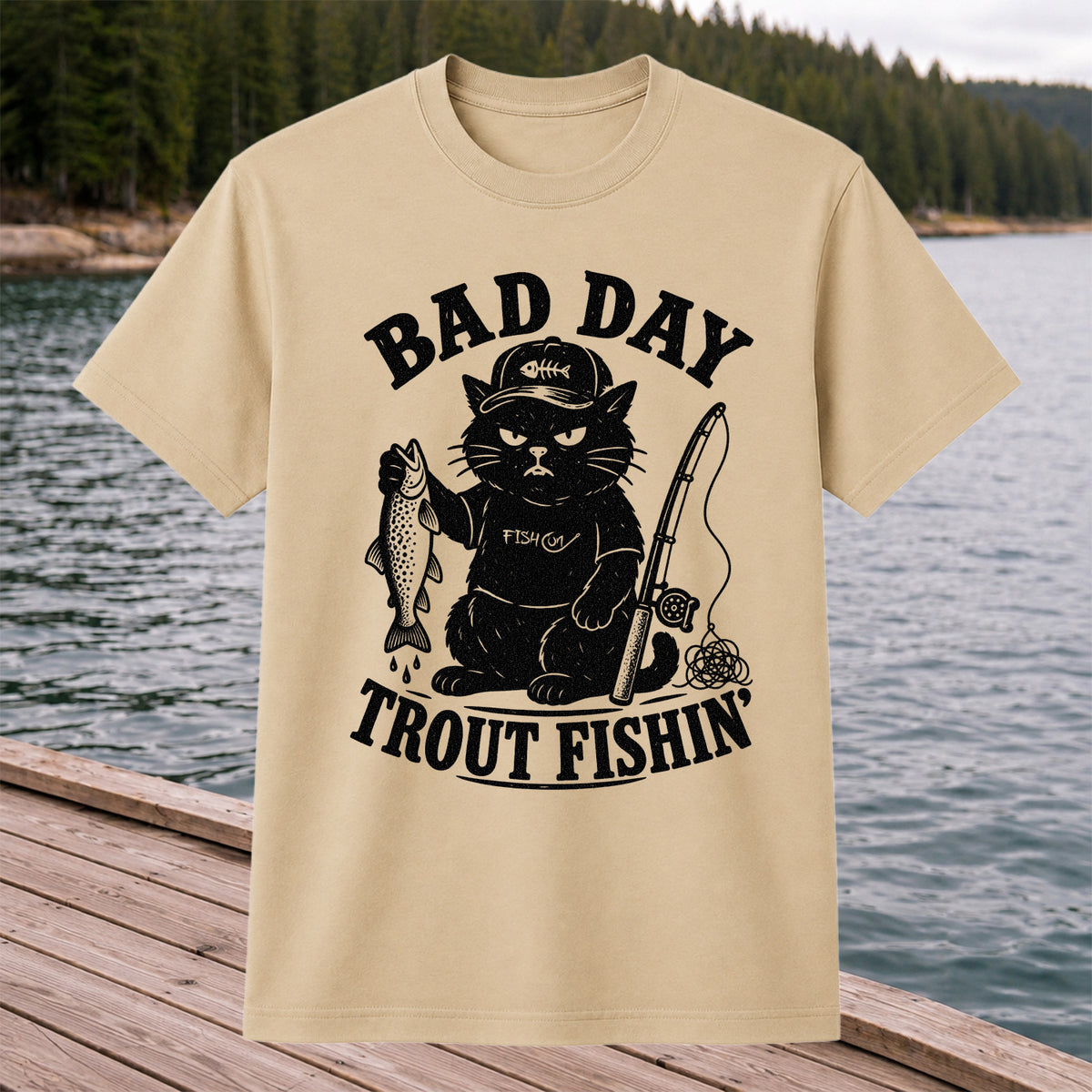 Bad Day Trout Fishin' Fish On Grumpy Black Cat Funny Fishing T-Shirt