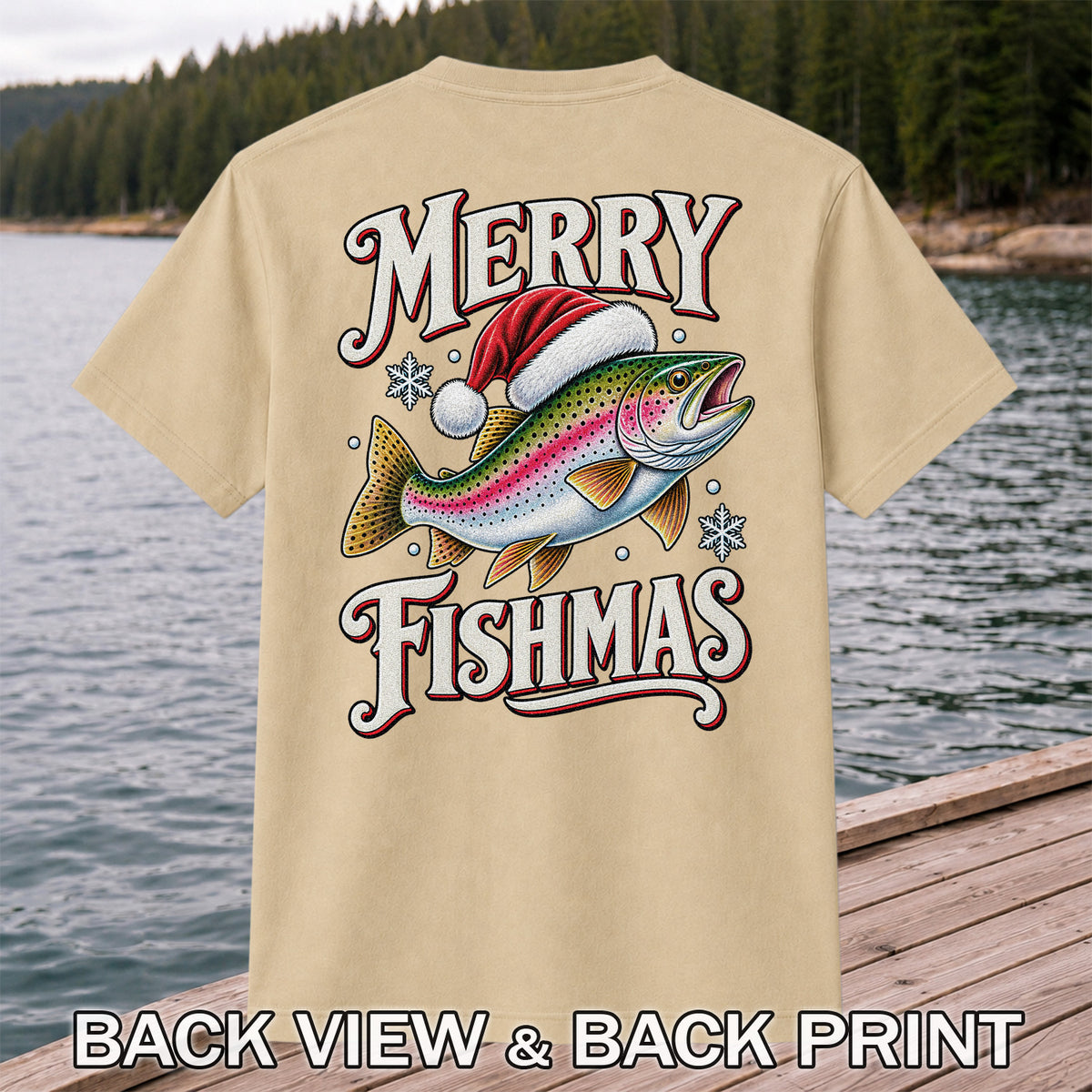 Merry Fishmas Rainbow Trout in a Santa Hat Christmas Fishing T-Shirt | Back Print