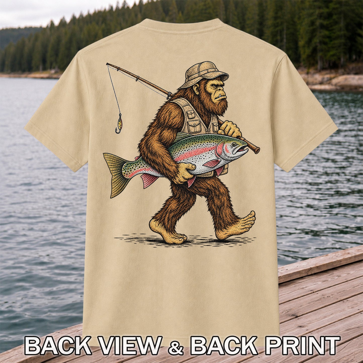 Bigfoot Carrying a Rainbow Trout and Fishing Rod Graphic T-Shirt | Back Print