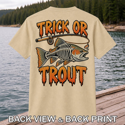 Trick or Trout Skeleton Trout Halloween Fly Fishing T-Shirt | Back Print