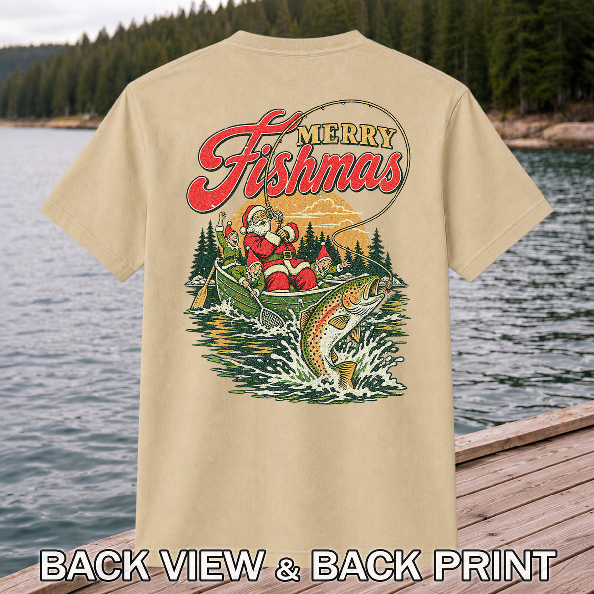 Merry Fishmas Santa and Elves Trout Fishing Christmas T-Shirt | Back Print