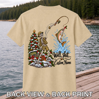 Skeleton Angler Christmas Fishing Personalized Graphic T-Shirt | Back Print