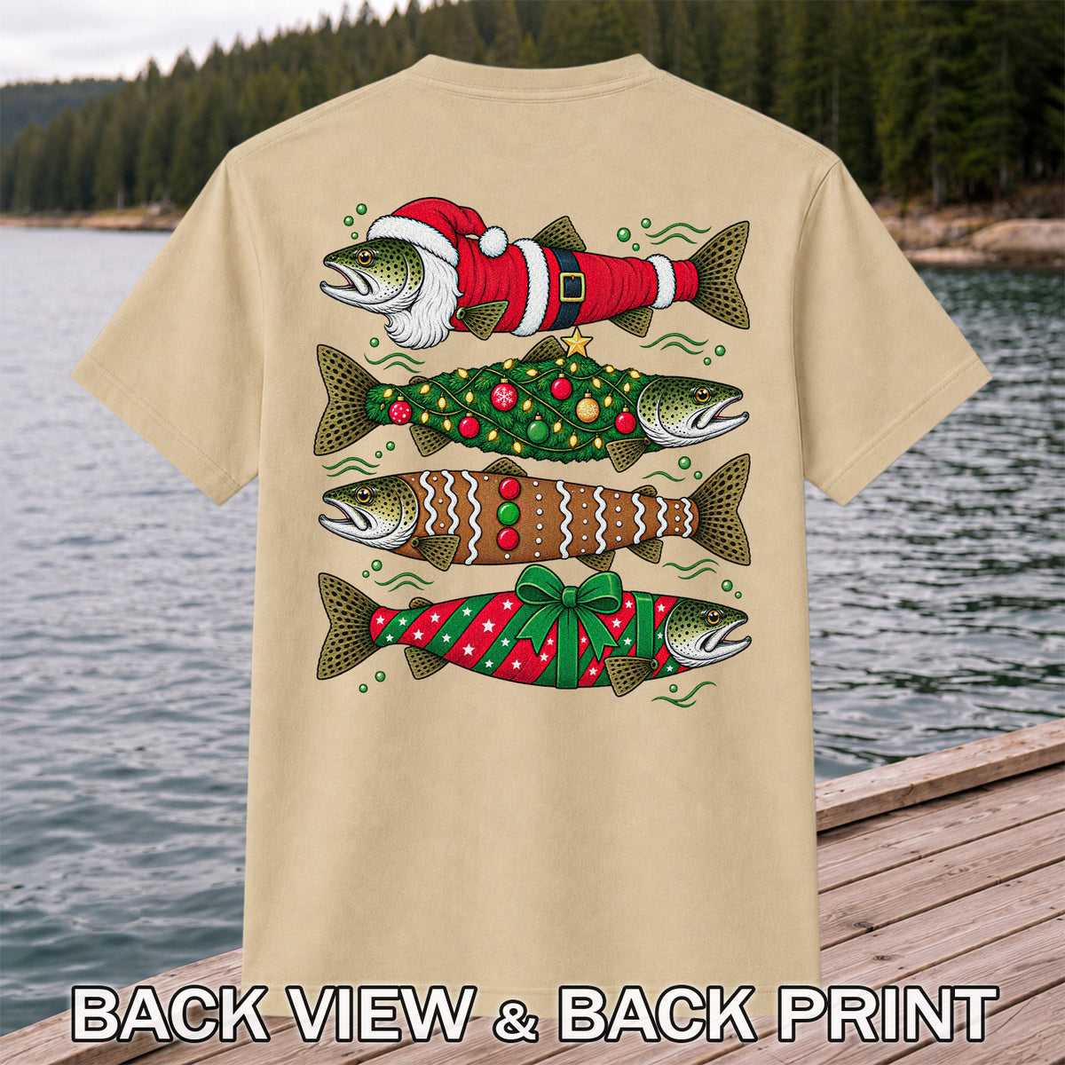 Christmas Trout Santa Tree and Gift Wrap Fishing T-Shirt | Back Print
