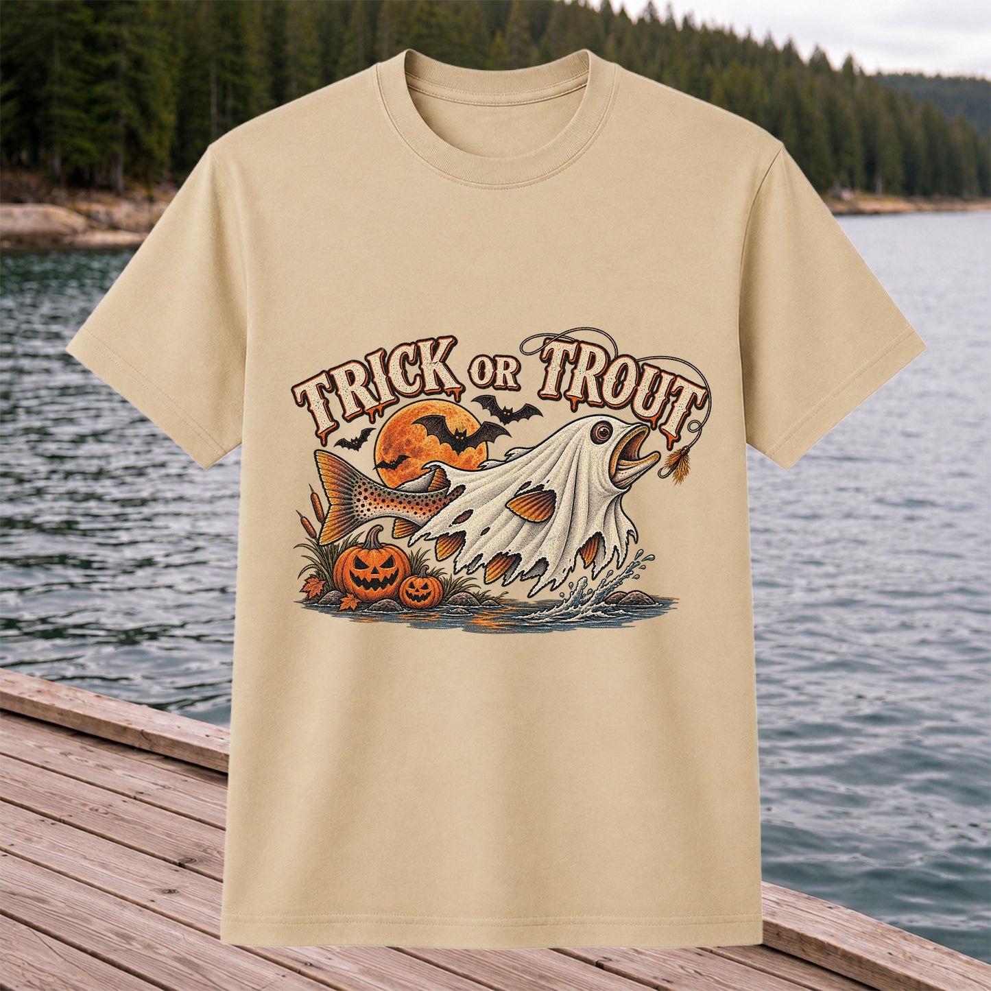 Trick or Trout Ghost Fish Halloween Fishing T-Shirt