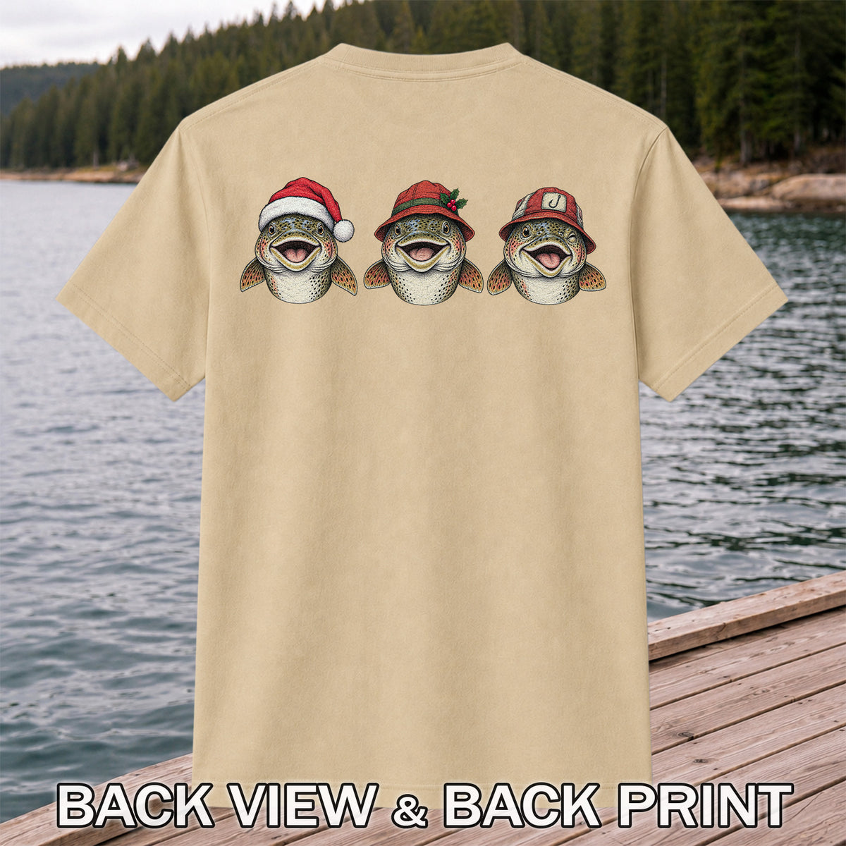 Funny Christmas Trout Trio Fishing Graphic T-Shirt | Back Print