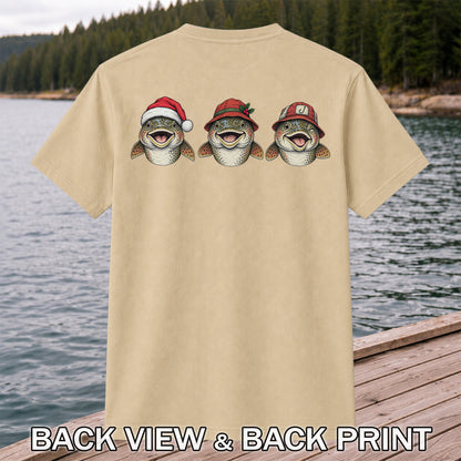 Funny Christmas Trout Trio Fishing Graphic T-Shirt | Back Print