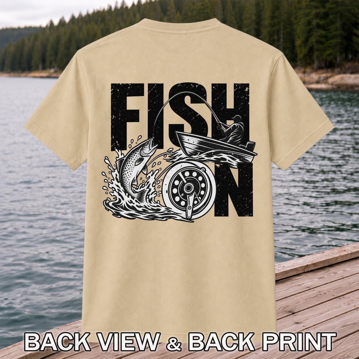 Fish On Jumping Trout and Fishing Boat Graphic T-Shirt | Back Print