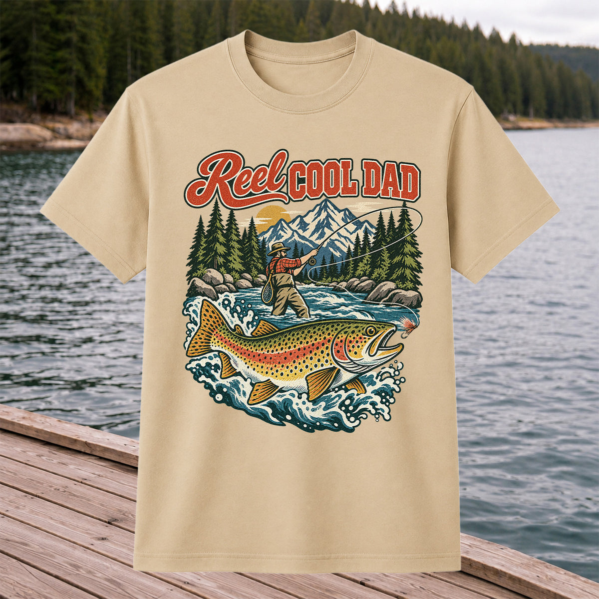 Reel Cool Dad Rainbow Trout Fly Fishing Graphic T-Shirt