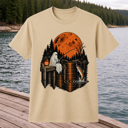 Ghost Fishing for Rainbow Trout Under an Orange Moon Halloween T-Shirt