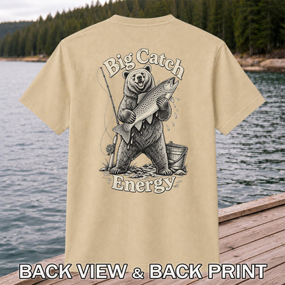 Big Catch Energy Bear and Trout Fishing T-Shirt | Back Print
