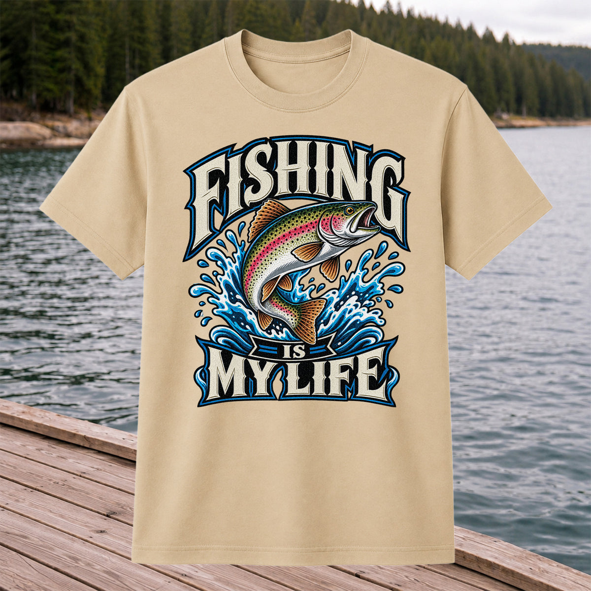 Fishing Is My Life Jumping Rainbow Trout Graphic T-Shirt
