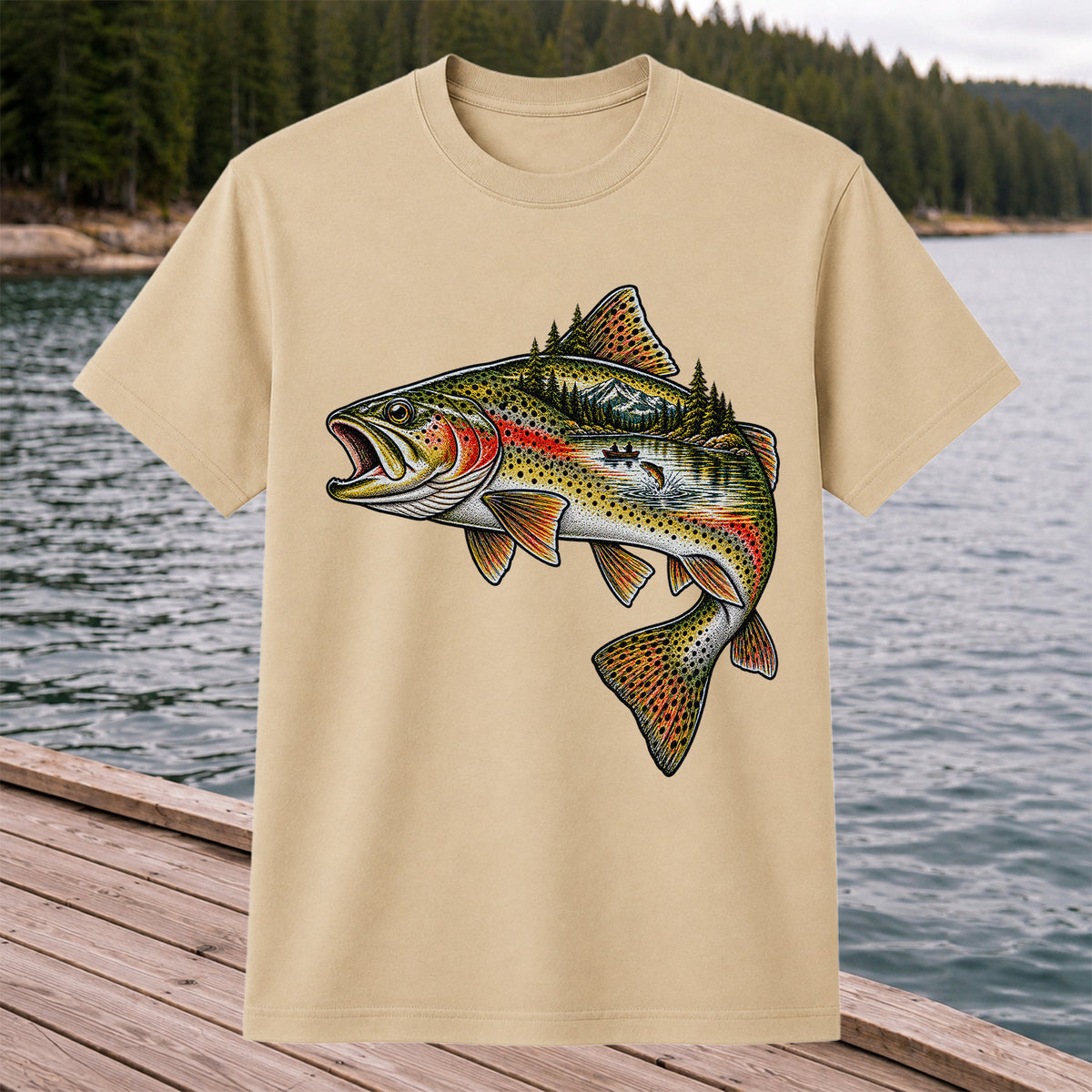 Rainbow Trout Mountain Lake Fishing Scene Graphic T-Shirt