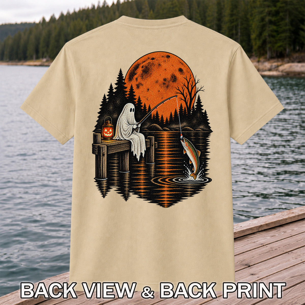 Ghost Fishing for Rainbow Trout Under an Orange Moon Halloween T-Shirt | Back Print