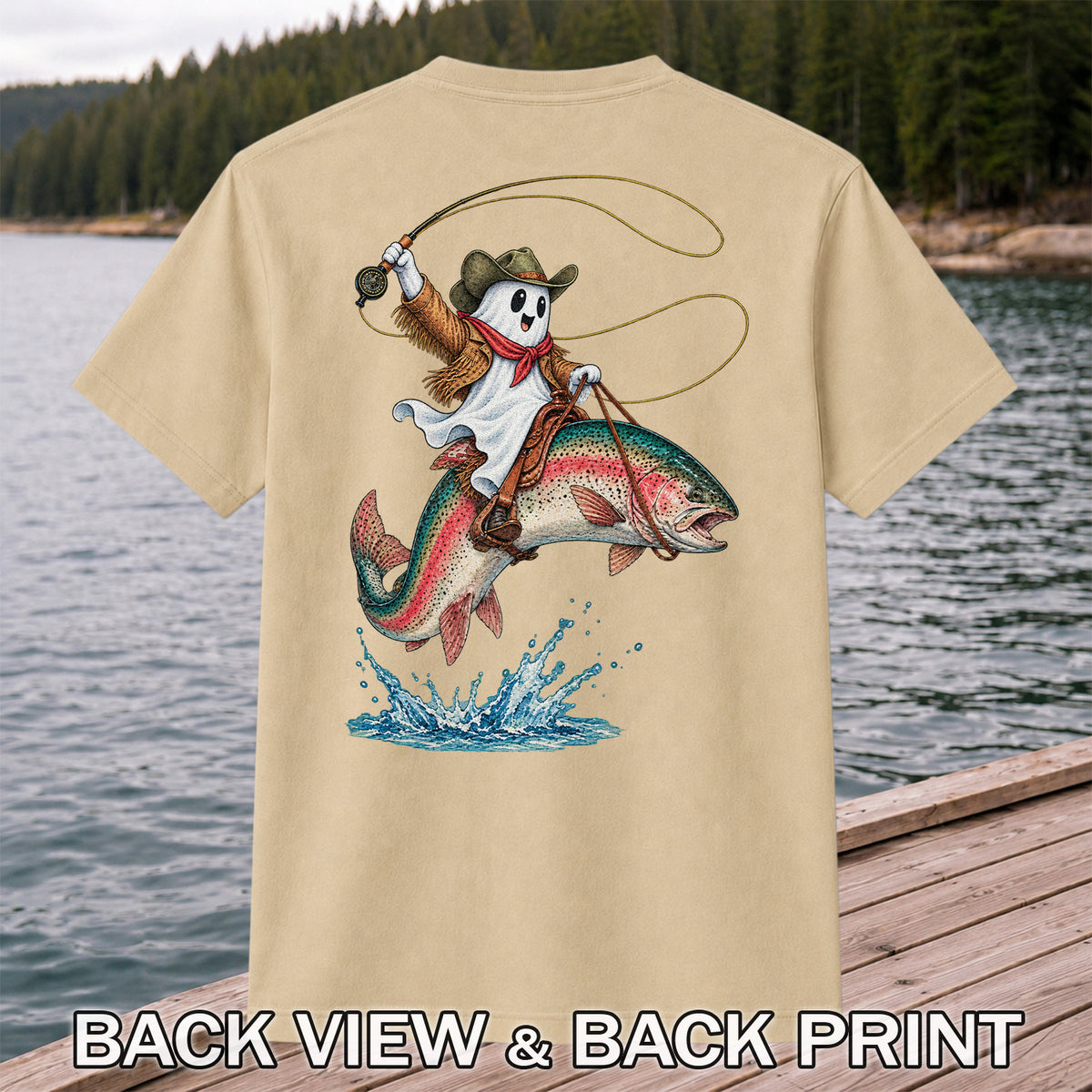 Ghost Cowboy Riding a Rainbow Trout Halloween Fishing T-Shirt | Back Print