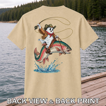 Ghost Cowboy Riding a Rainbow Trout Halloween Fishing T-Shirt | Back Print