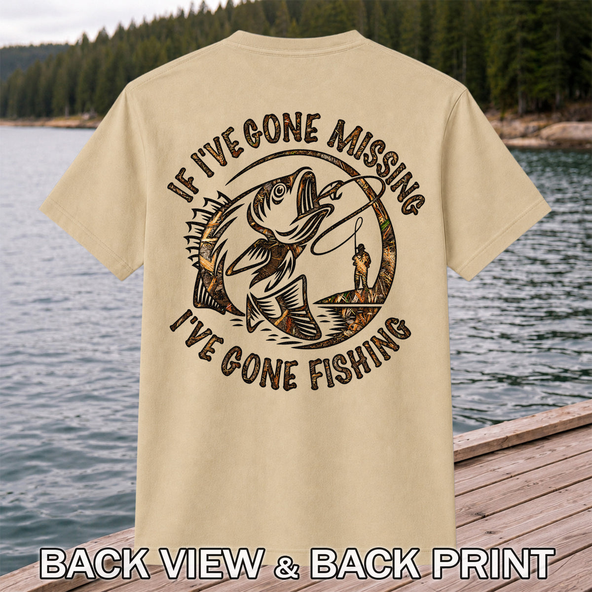 If I've Gone Missing I've Gone Fishing Jumping Bass Funny T-Shirt | Back Print