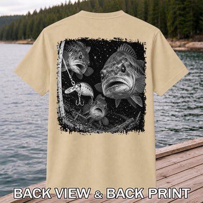 Vintage Bass Fishing Graphic T-Shirt with Underwater Fish Artwork | Back Print