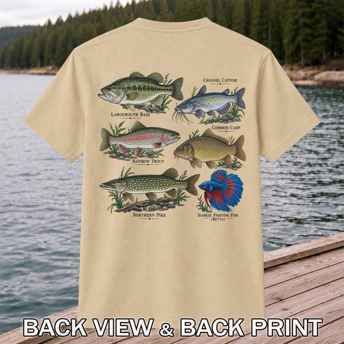 Bass Trout Catfish Carp Pike and Betta Freshwater Fish Graphic T-Shirt | Back Print