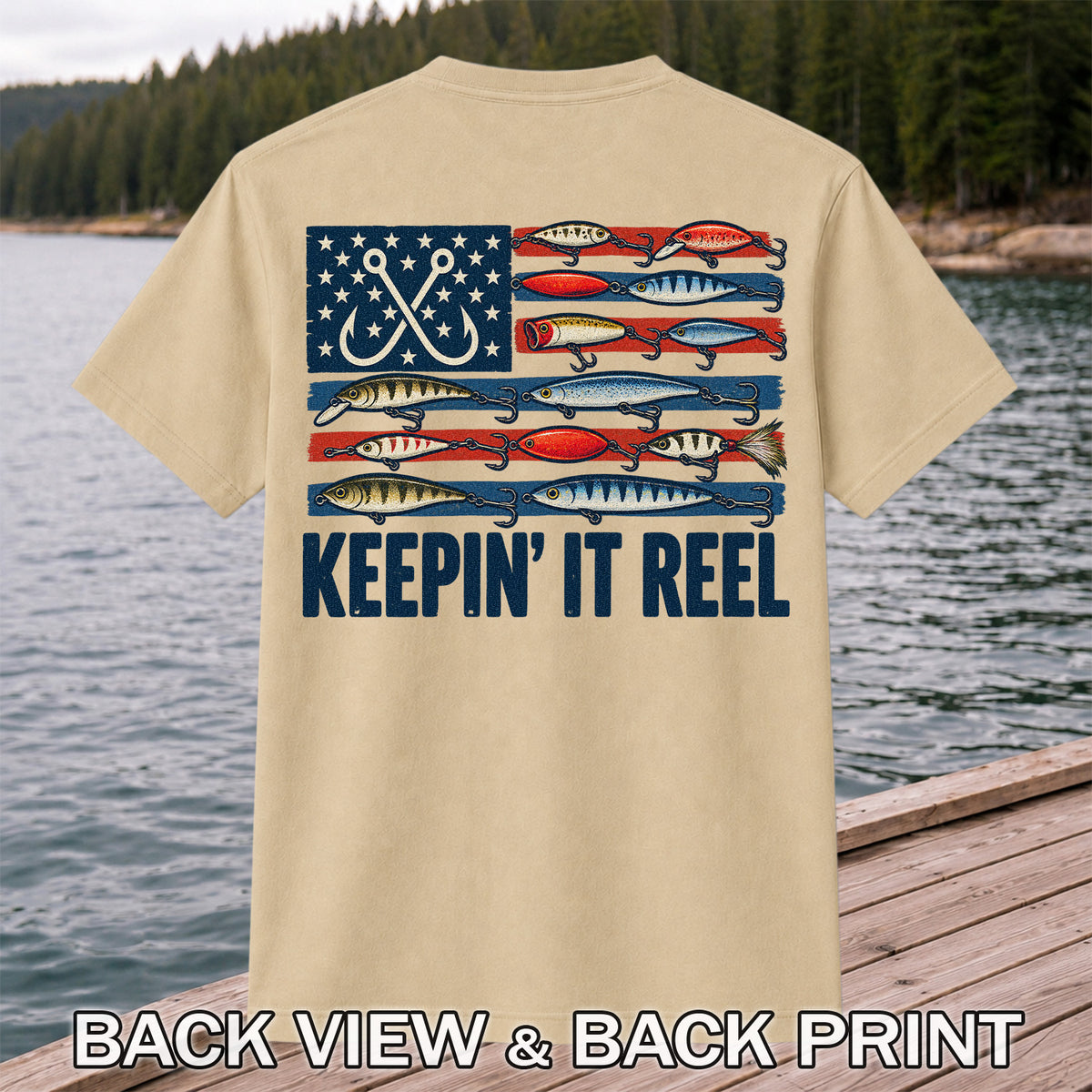 Keepin' It Reel American Flag Fishing Lures Graphic T-Shirt | Back Print