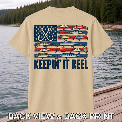 Keepin' It Reel American Flag Fishing Lures Graphic T-Shirt | Back Print