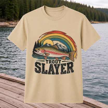 Trout Slayer Rainbow Trout Mountain Fishing Graphic T-Shirt