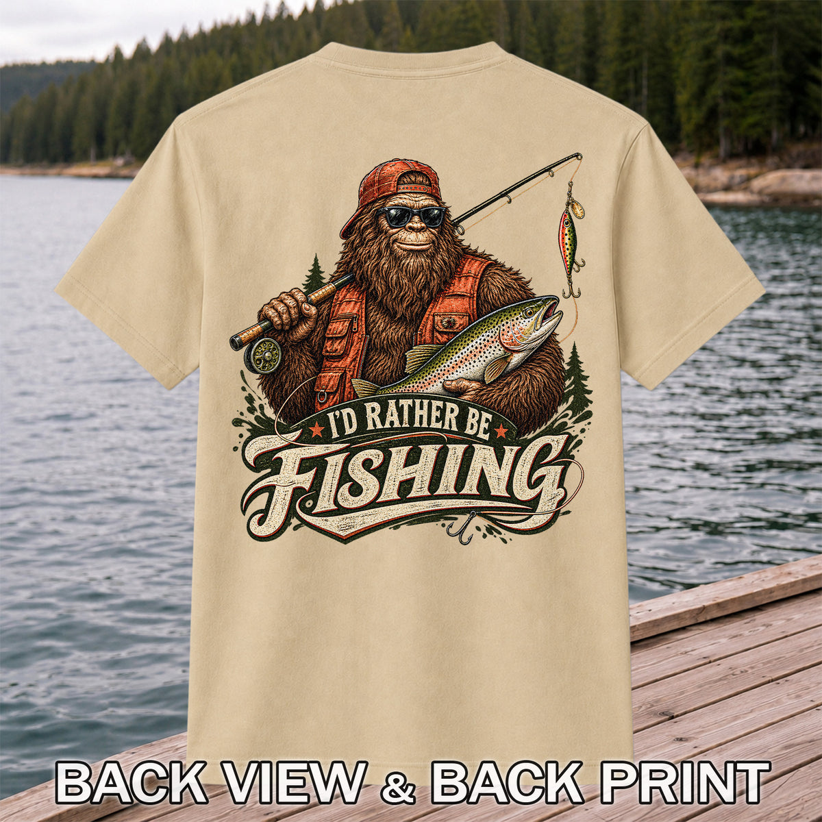 Bigfoot Holding Trout Funny Fishing Graphic T-Shirt | Back Print