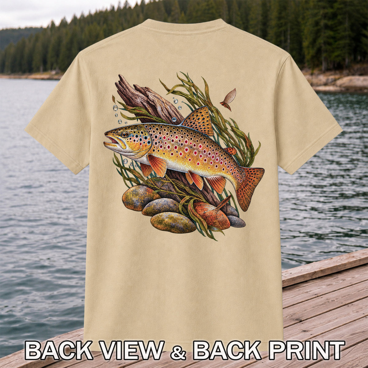 Vintage Brown Trout River Fishing Graphic T-Shirt | Back Print